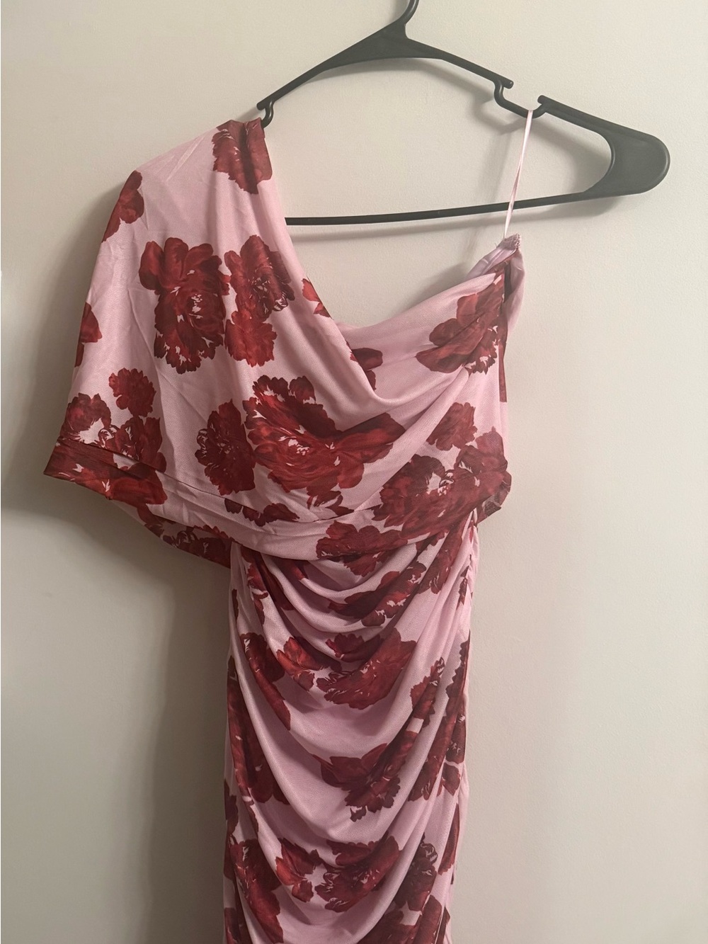 One-Shoulder Pink Floral Ruched Mini Dress - Picture 3 of 3